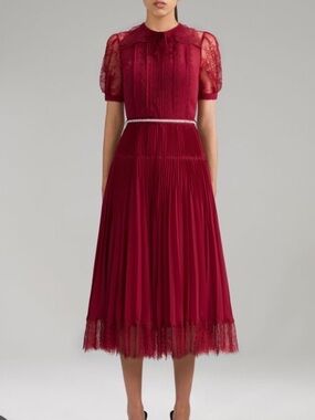Self portrait burgundy pleated chiffon midi dress